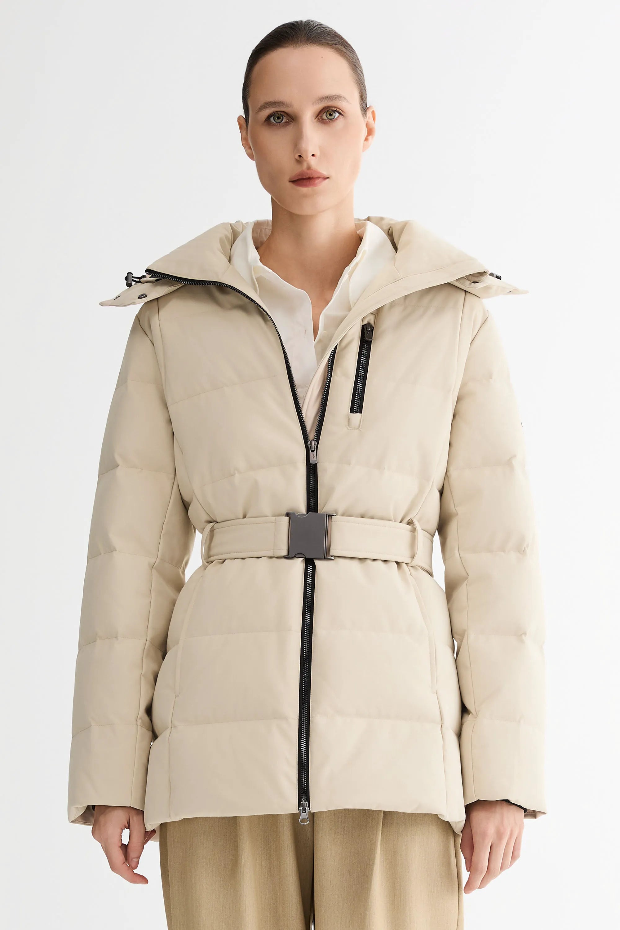 Celeste Polished Edge Belted Hooded Down Jacket – Official Brand