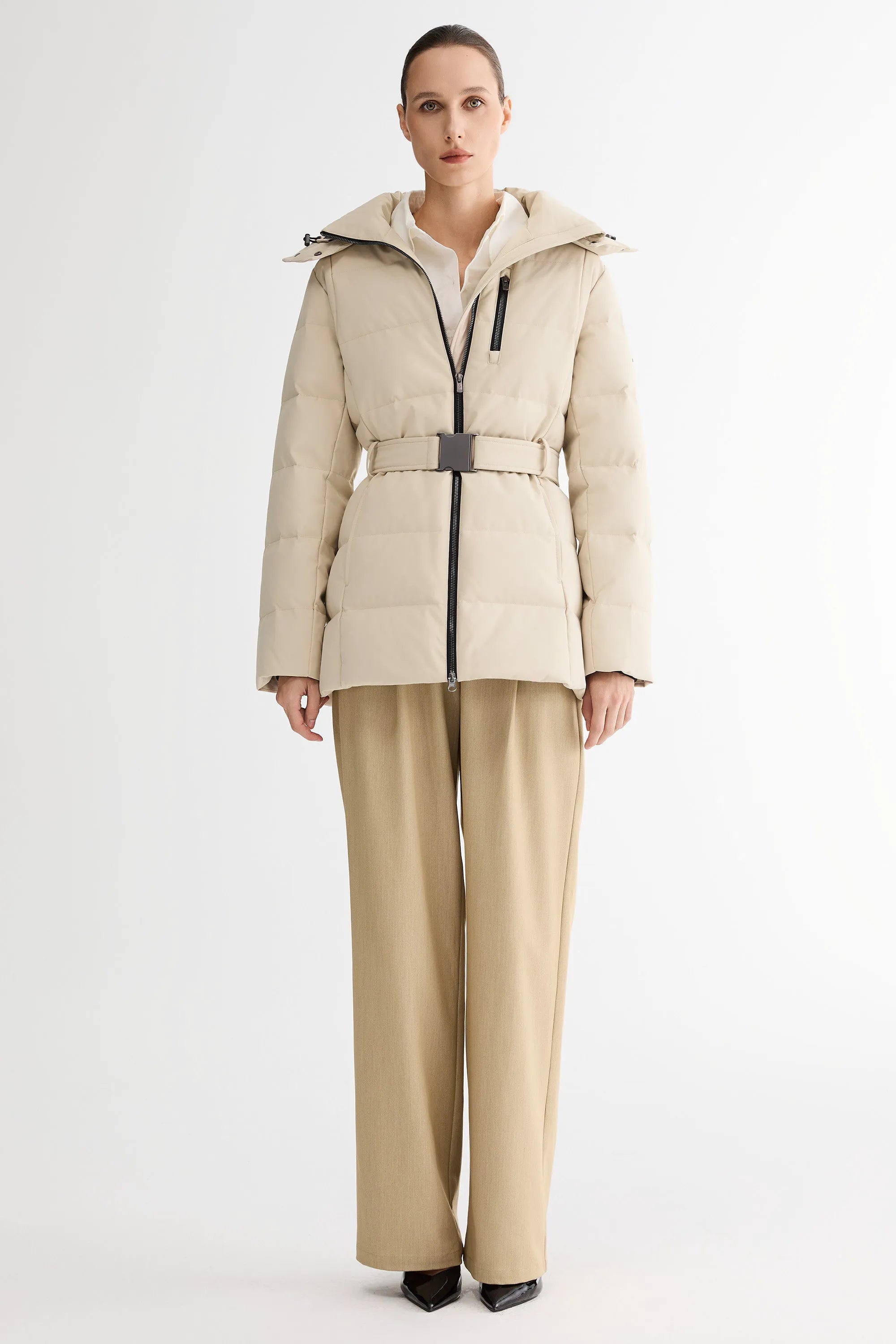 Celeste Polished Edge Belted Hooded Down Jacket – Official Brand