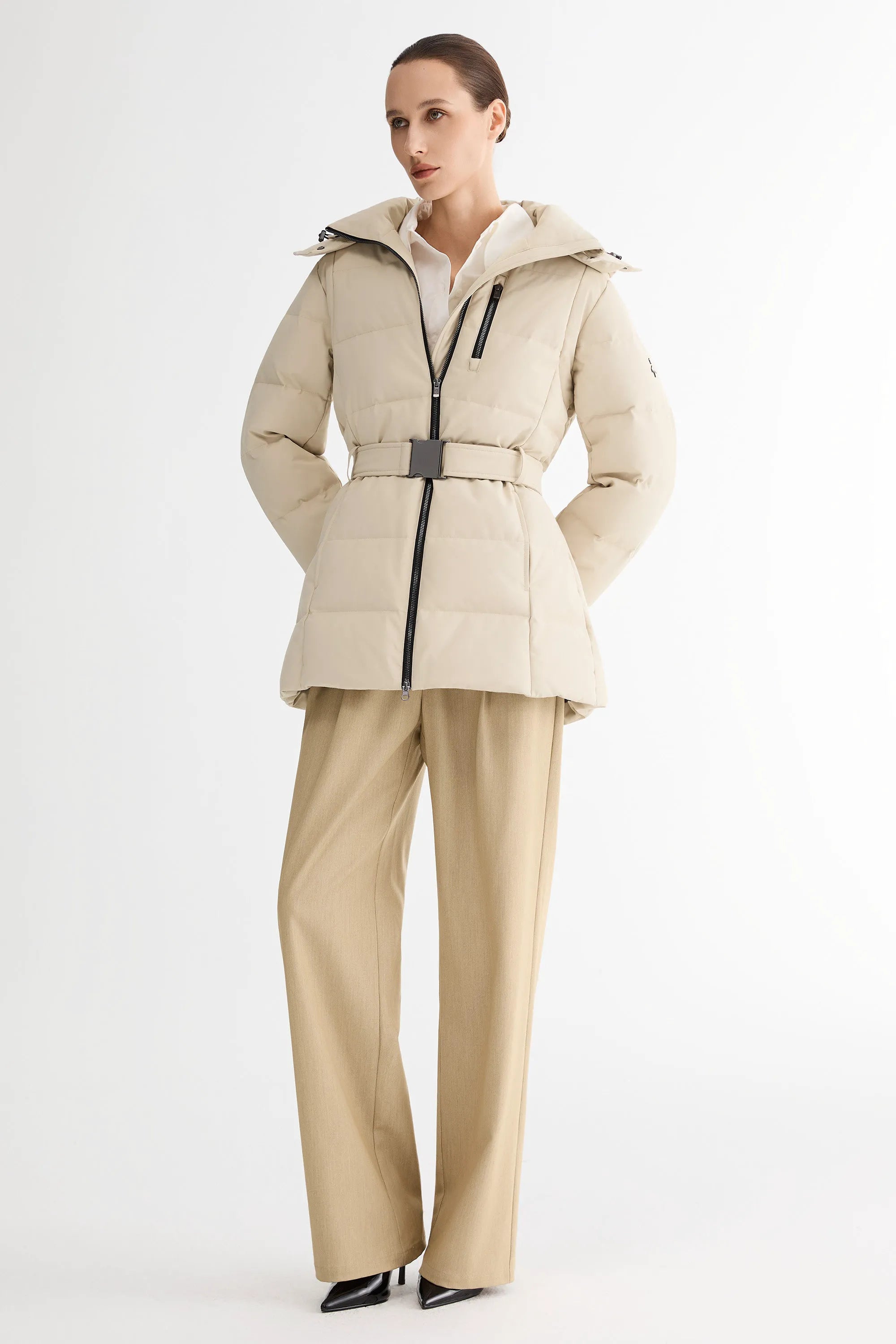 Celeste Polished Edge Belted Hooded Down Jacket – Official Brand