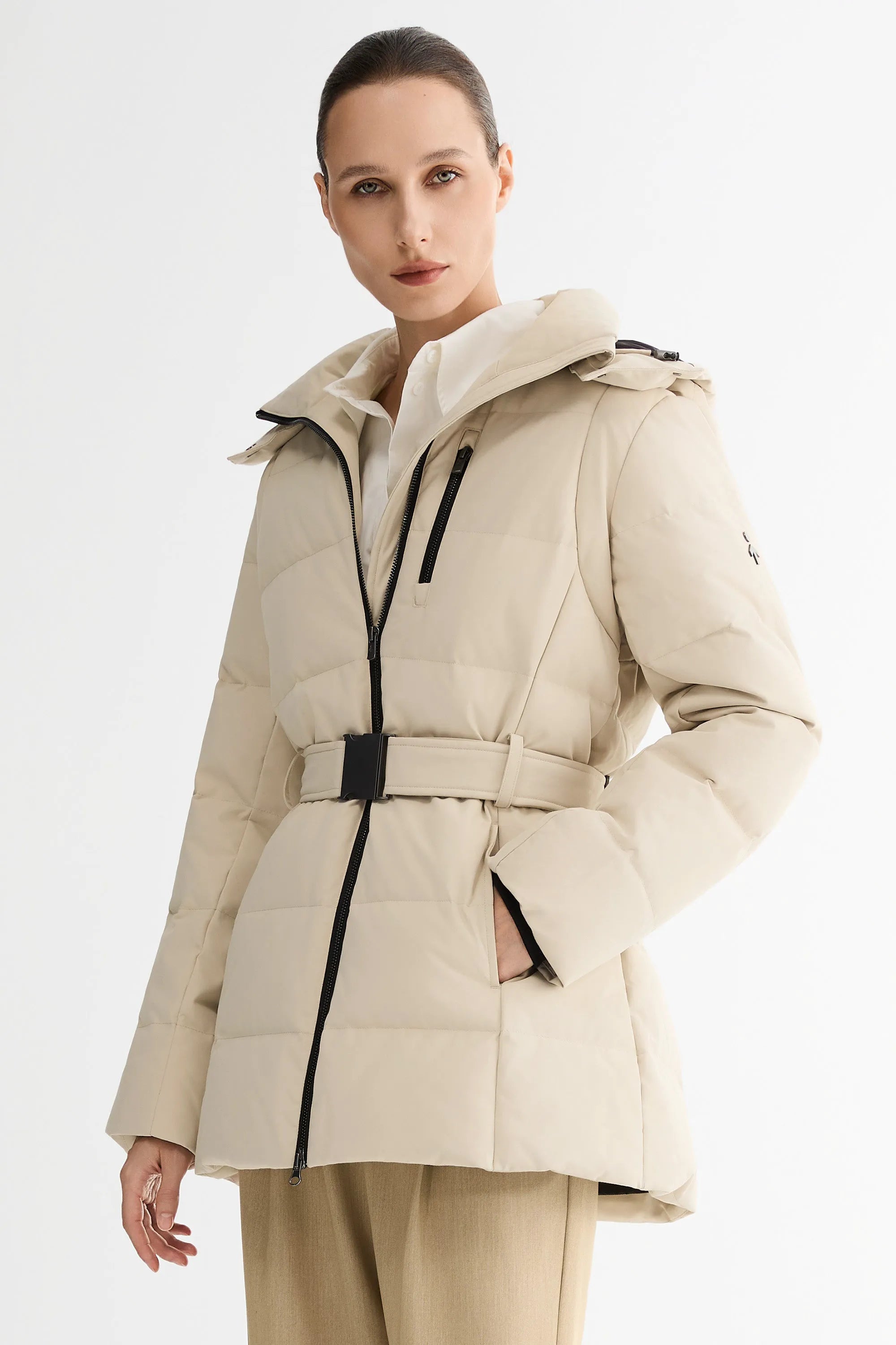 Celeste Polished Edge Belted Hooded Down Jacket – Official Brand